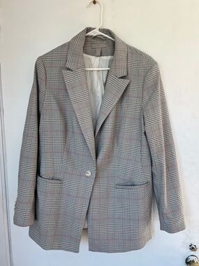 H&M Gray Plaid Blazer with Pink Accents